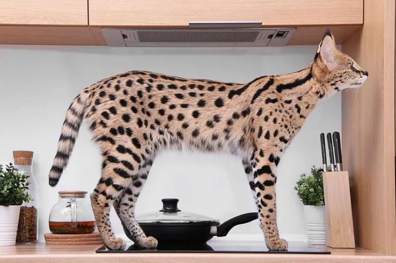 Serval kočka na kuchyňské linkě