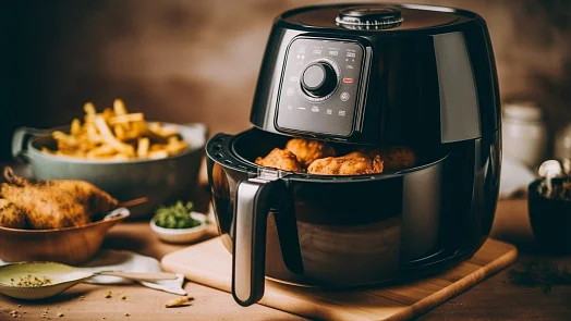 Fritéza s kuřecím masem a hranolky na dřevěném podnosu.