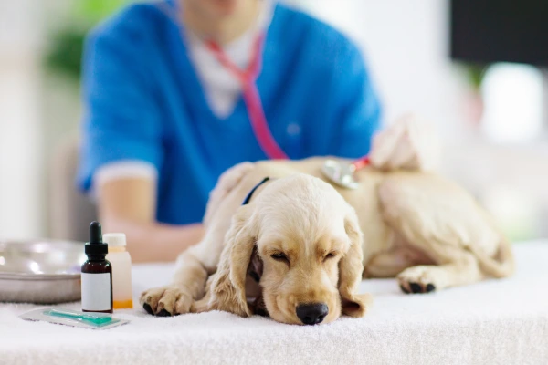 Pes s klíštětem u veterináře, léky na ošetření.
