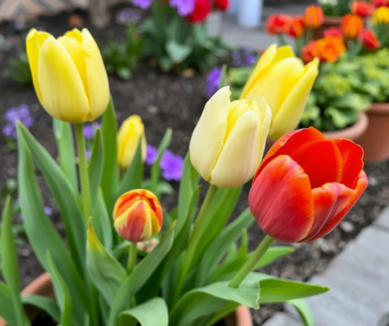 Žluté a červené tulipány v květináči na zahradě