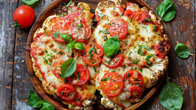 Květákový pizzy s rajčaty a bazalkou