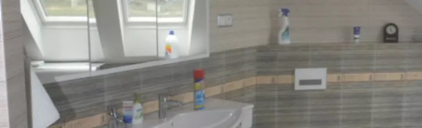 Moderní koupelna v podkrovím s okny do střechy.