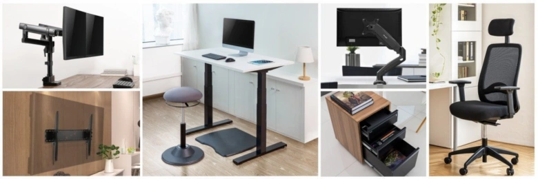 Kolaž s ergonomickými stoly a židlemi pro výběr výšky.