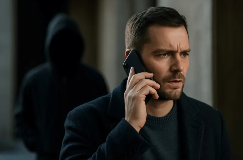 Muž hovorí po telefonu, za ním stojí tajemná postava v kapuci