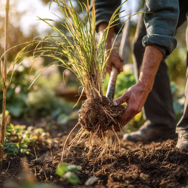 Ruční výsadba Panicum virgatum do zahradního půdy