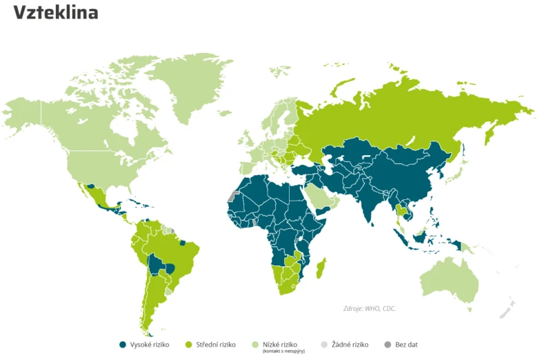 Mapa světa ukazující riziková území pro vzteklinu.