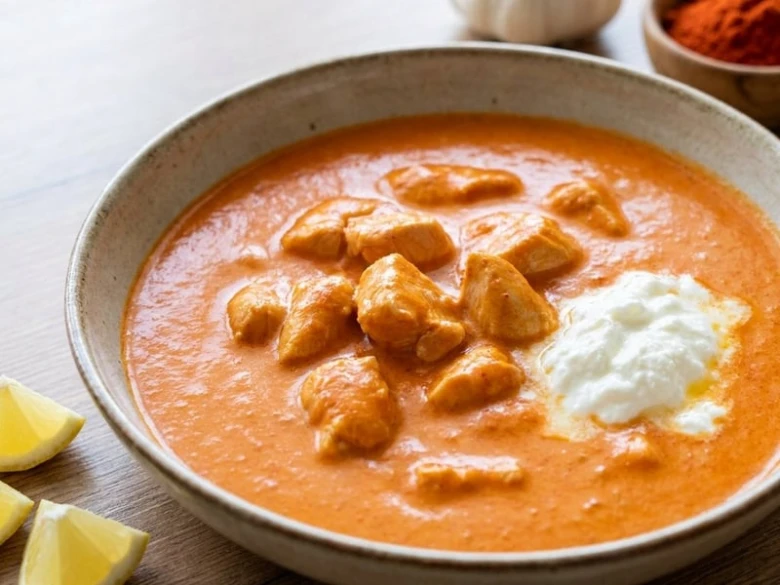 Hot paprika chicken soup in ceramic bowl