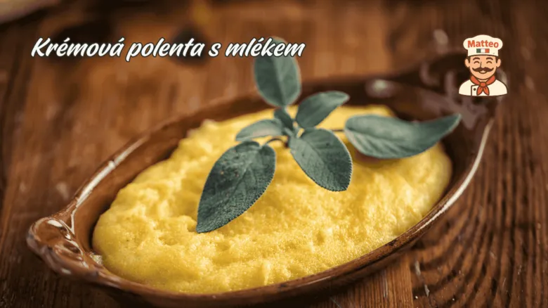 Kremová polenta s mlékem v hlíněné misce.