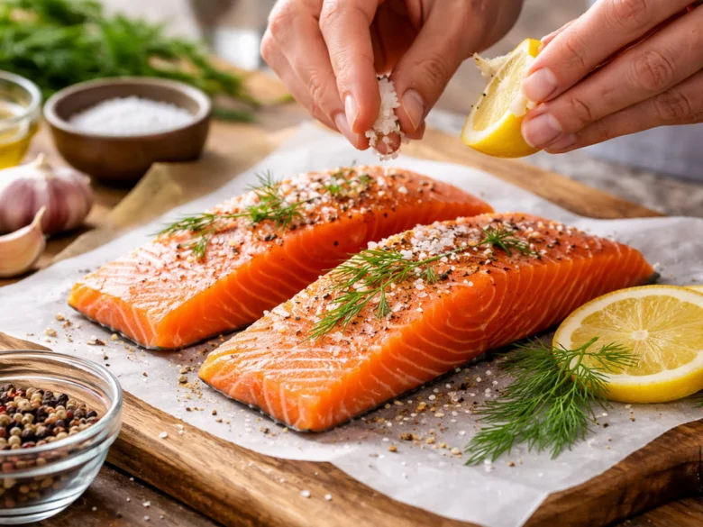 Dvě filety lososa se solí a pepřem s citronovou šťávou.