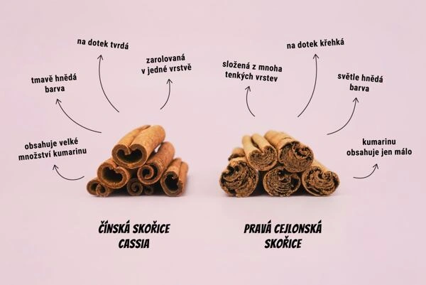 Porovnání čínské a pravé cejlonské skořice s rozdíly v složení.