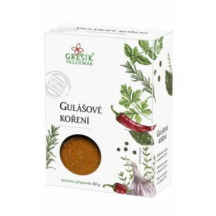 Balíček českého gulášového kořene s paprikou, česnekem a bylinkami.