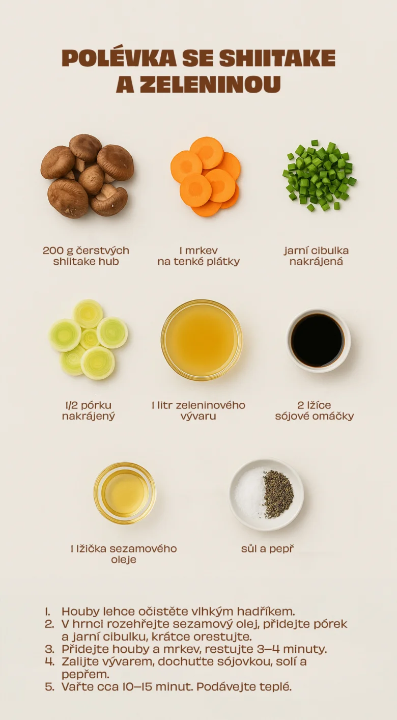 Recept na polévku se shiitake hubami a zeleninou s ingrediencemi a pokyny