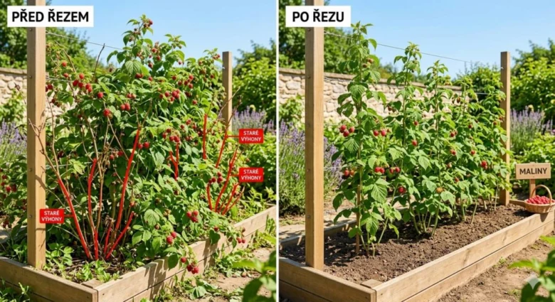 Porovnání ostružinového keře před a po řezu na konstrukci