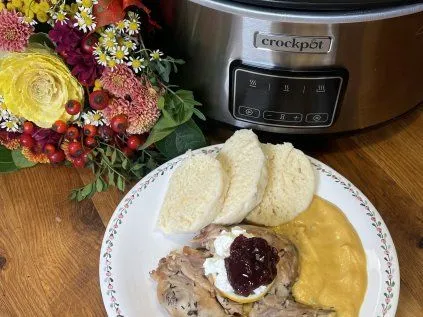 Hot chicken meal from slow cooker ready to eat.