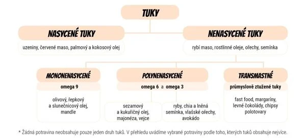 Schéma rozdělení tuků na nasycené a nenasycené s příklady potravin.