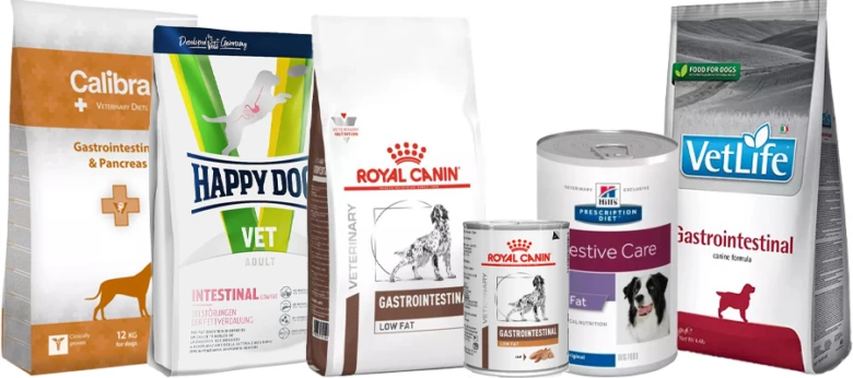 Specializovaná veterinární krmiva pro zánět slinivky u psů.