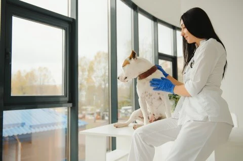 Veterinářka s psem u okna v ordinaci