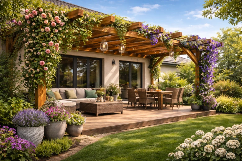 Dokončená dřevěná pergola s kvetoucími rostlinami na zahradě.
