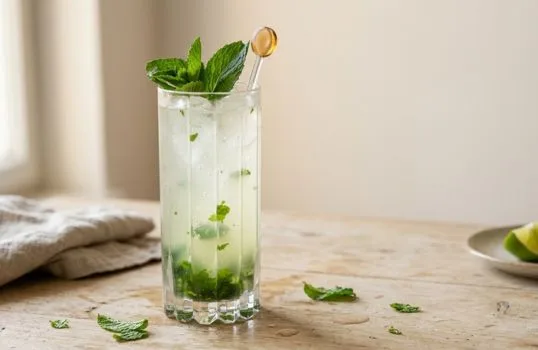 Hotový koktejl Mojito s mátou v sklenici.
