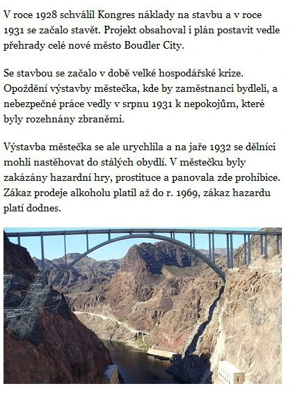 Historická fotografie stavby přehrady Boulder Dam s českým popisem.