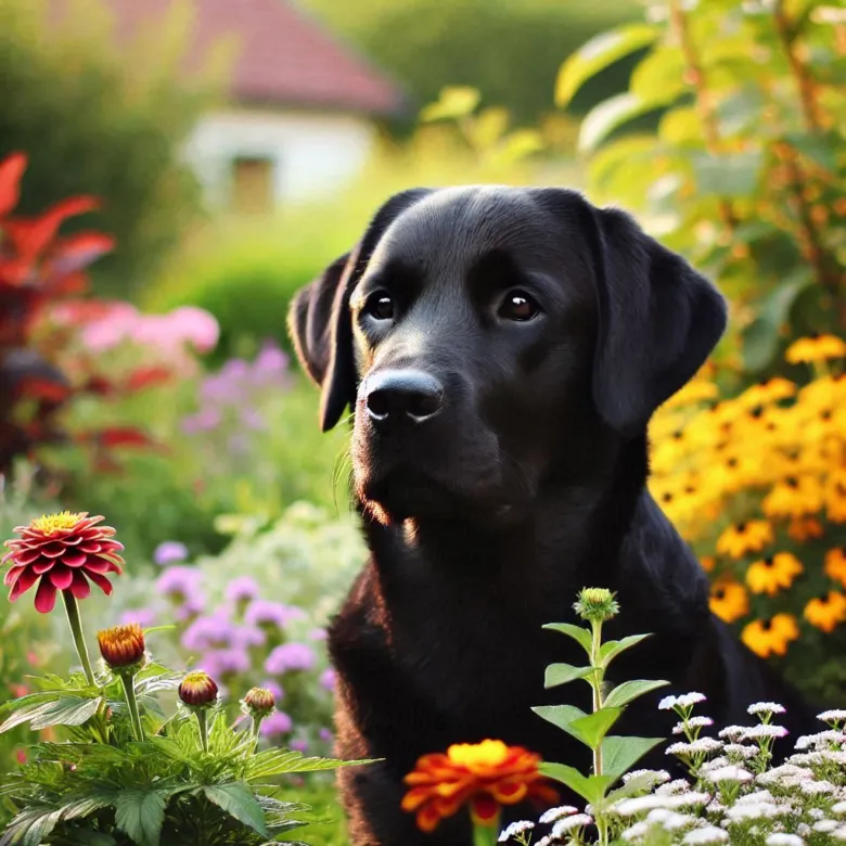 Černý labrador v zahradě mezi květinami