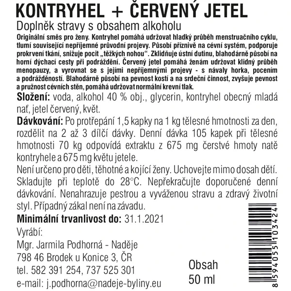 Etiketa doplnku stravy s červeným jetlem a kontryhelem.