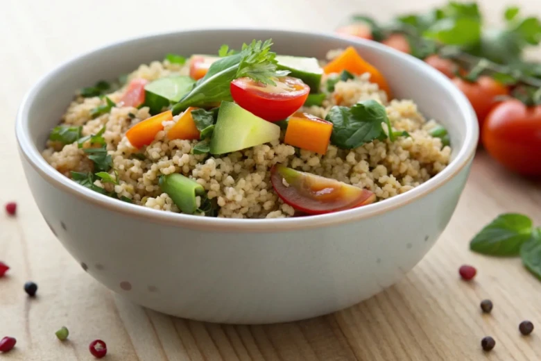 Chutná quinoa salát s rajčaty, okurkami a bylinkami