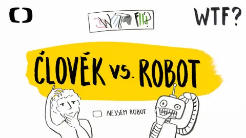 Ilustrace člověka a robota s nápisem ČLOVĚK vs. ROBOT, symbolizující rozlišování mezi lidmi a roboty
