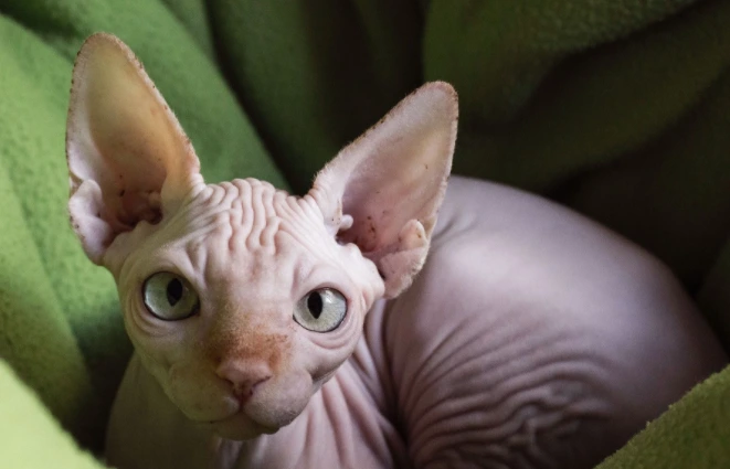 Holohlavá kočka plemene Sphynx na zeleném přehozu